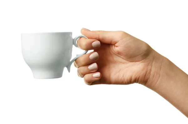 Female hand holding cup isolated on white — Stock Photo, Image