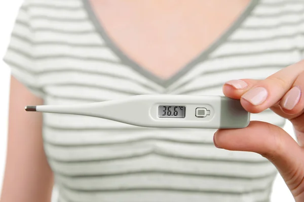 Vrouw houden thermometer close-up — Stockfoto