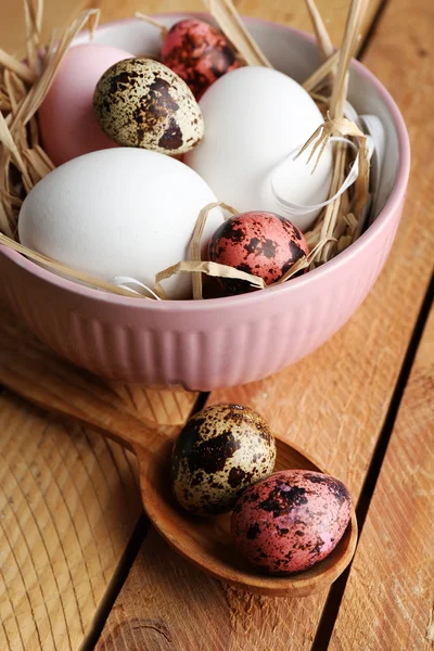 Vogel bunte Eier in Schale auf Holzgrund — Stockfoto