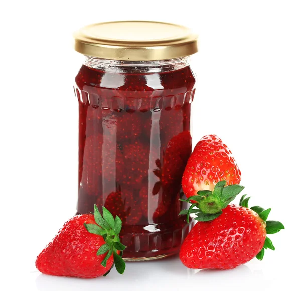 Jar of strawberry jam with berries isolated on white — Stock Photo, Image