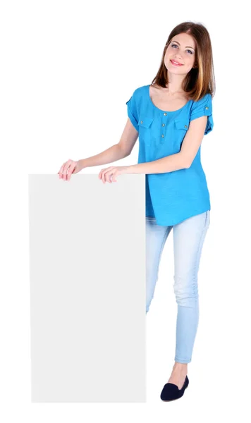 Beautiful young woman holding blank poster isolated on white — Stock Photo, Image