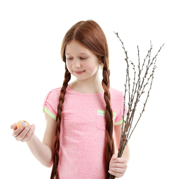 Beautiful little girl with pussy-willow branches, isolated on white — Stock Photo, Image