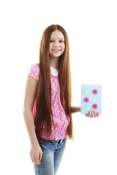 Menina bonita com cartão de saudação, isolado em branco — Fotografia de Stock