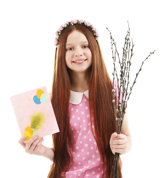 Beautiful little girl with pussy-willow branches and postcard, isolated on white — Stock Photo, Image