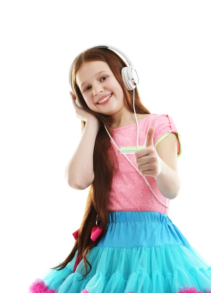 Beautiful little girl with headphones, isolated on white — Stock Photo, Image