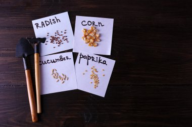Ahşap arka plan üzerinde Bahçe aletleri ile farklı tohumlar üzerinde kağıt parçaları
