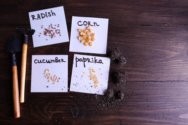 Zemin ve Bahçe aletleri ahşap arka plan üzerinde kağıt parçası üzerinde farklı tohumlar