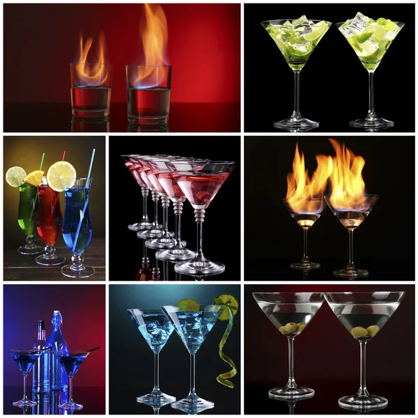 Collage di cocktail diversi su sfondo nero — Foto Stock