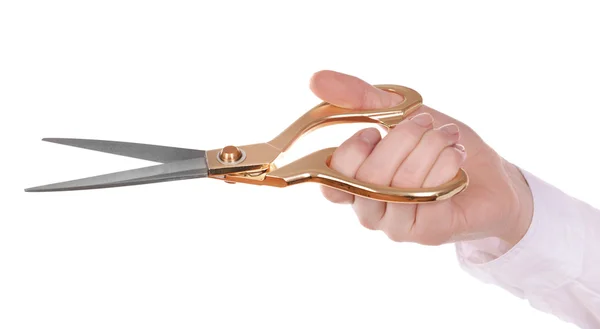 Female hand with scissors isolated on white — Stock Photo, Image