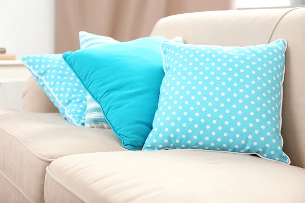 Interior design with pillows on sofa, closeup — Stock Photo, Image