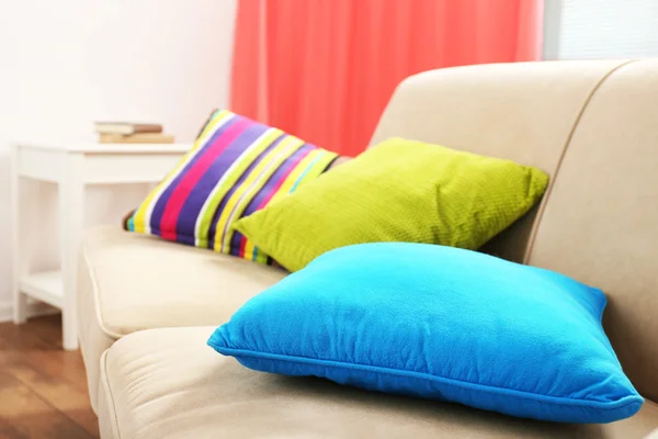 Interior design with pillows on sofa, closeup — Stock Photo, Image