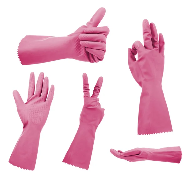 Pink gloves gestures, isolated on white — Stock Photo, Image