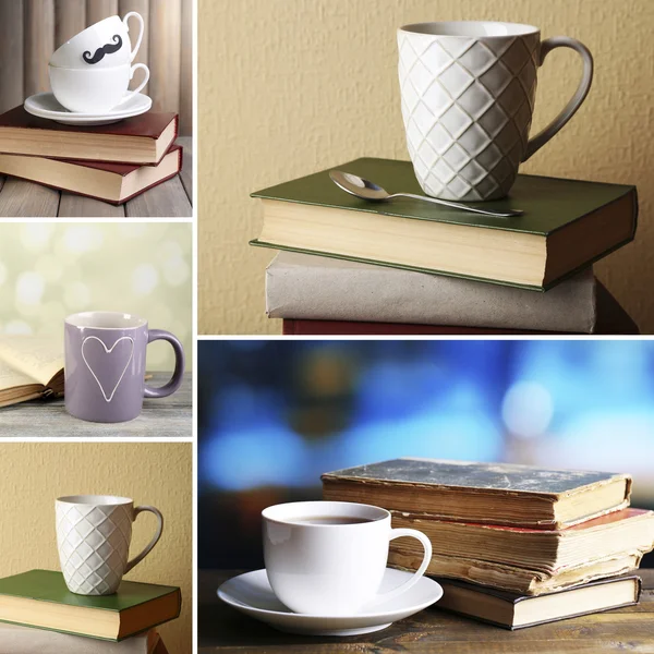 Libros y tazas composiciones en collage, Concepto de lectura — Foto de Stock
