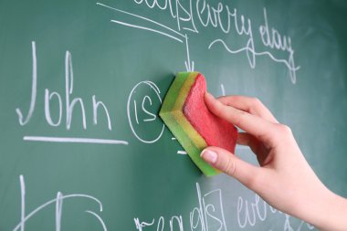 Teacher hand wiping off sentences from blackboard background clipart