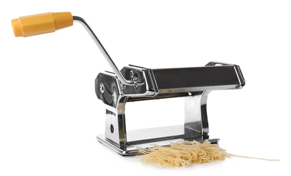 Metal pasta maker machine with dough isolated on white — Stock Photo, Image