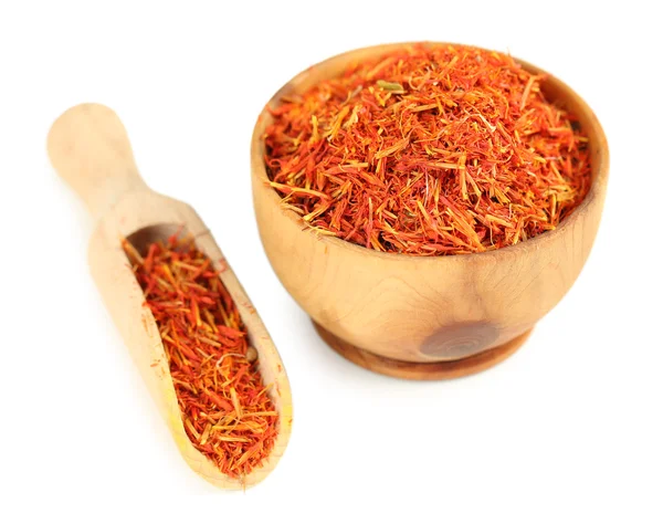 Saffron in wooden bowl, isolated on white — Stock Photo, Image