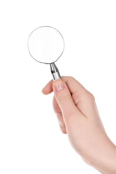 Female hand with magnifying glass isolated on white — Stock Photo, Image