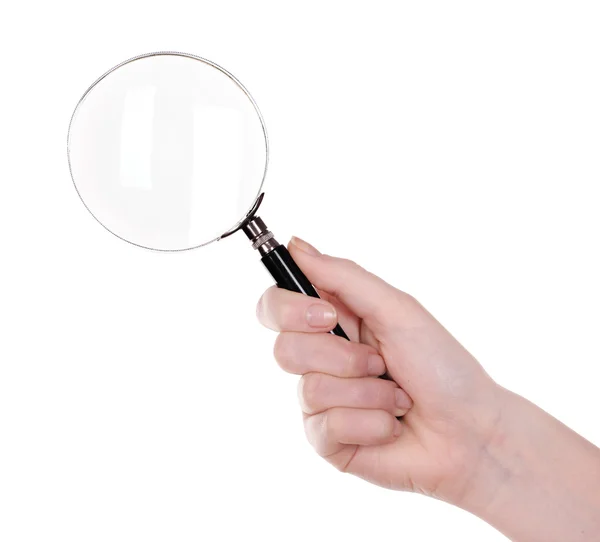 Female hand with magnifying glass isolated on white — Stock Photo, Image