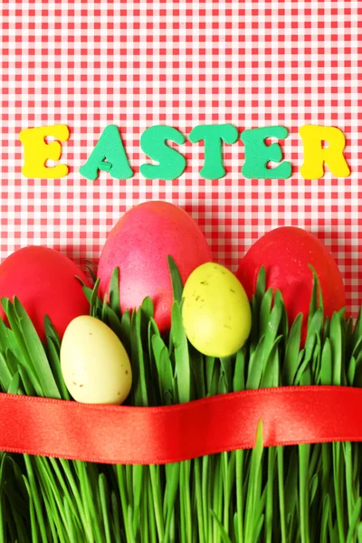 Easter eggs and grass on colorful paper background — Stock Photo, Image