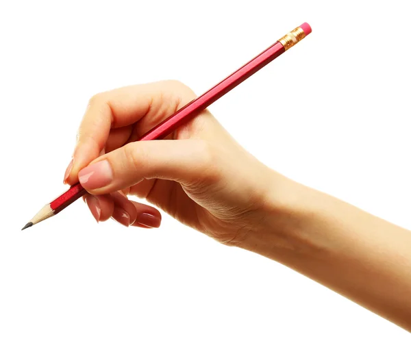 Mão feminina com lápis isolado em branco — Fotografia de Stock