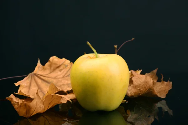 Apple with dried leaves on black background — Stock Photo, Image