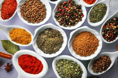 Seramik baharat çeşitleri kaşıklar, yakın çekim, renk ahşap arka plan üzerinde