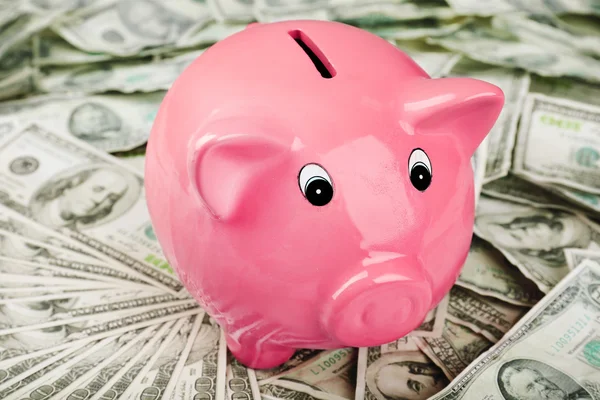 Piggy bank na tle pieniędzy — Zdjęcie stockowe