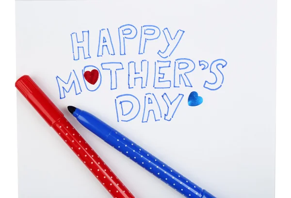 Happy Mothers Day bericht geschreven op papier en markers close-up — Stockfoto