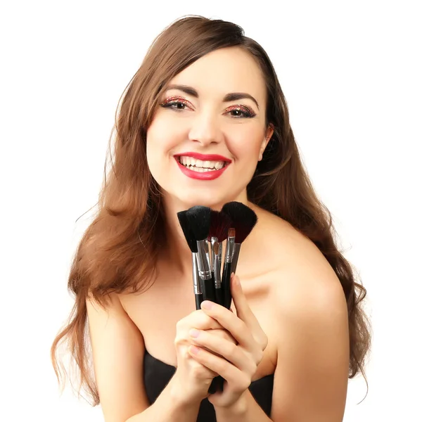 Portrait de belle femme avec maquillage fantaisie paillettes isolé sur blanc — Photo