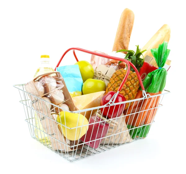 Metal shopping basket with groceries isolated on white — Stock Photo, Image