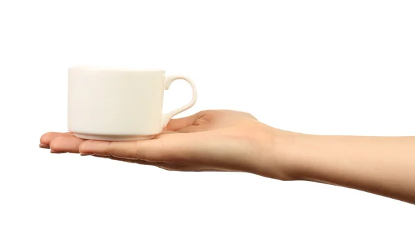 Weibliche Hand hält Tasse isoliert auf weiß — Stockfoto