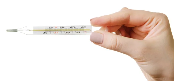 Vrouwelijke hand met thermometer geïsoleerd op wit — Stockfoto