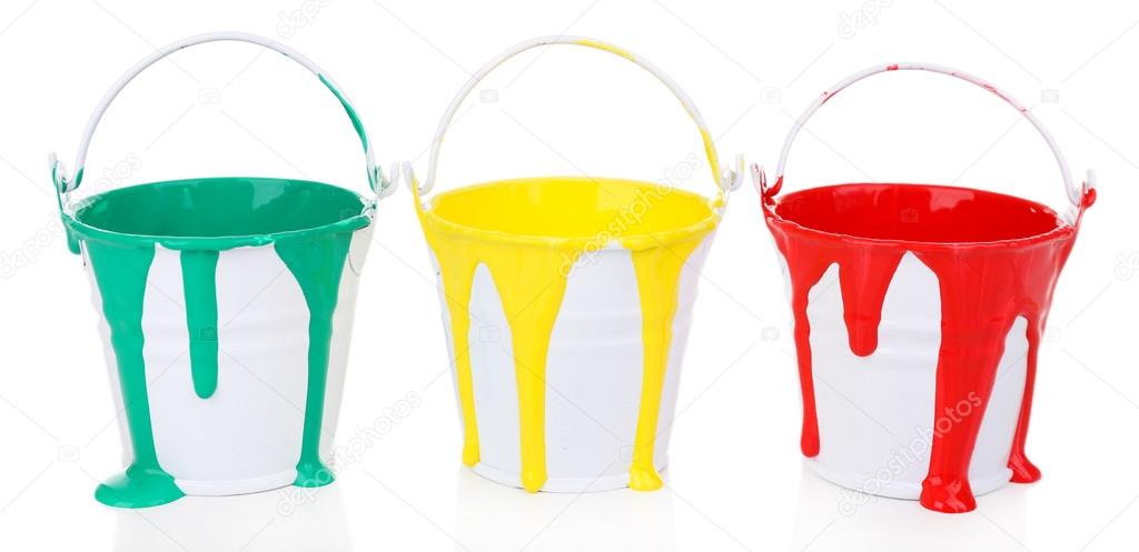 Buckets of paints isolated on white