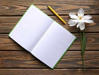 Defter ile ahşap arka plan üzerinde kalem ve Beyaz Lale