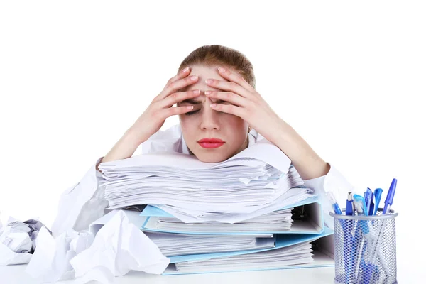 Tired woman at her workplace with documents isolated on white — Stock Photo, Image