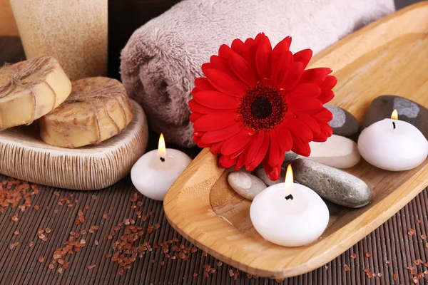 Composition of spa stones, sea salt and massage bags on wooden table, on light color background — Stock Photo, Image