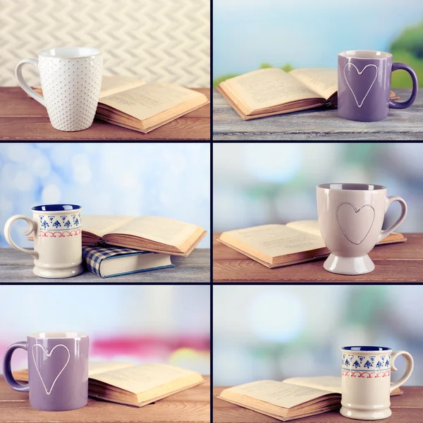 Libri e tazze composizioni in collage, Concetto di lettura — Foto Stock