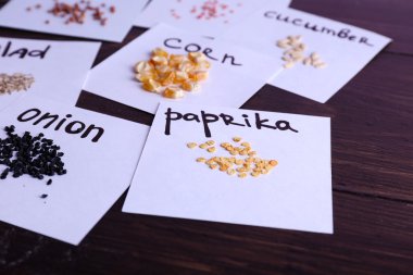 Different seeds on pieces of paper on wooden background clipart