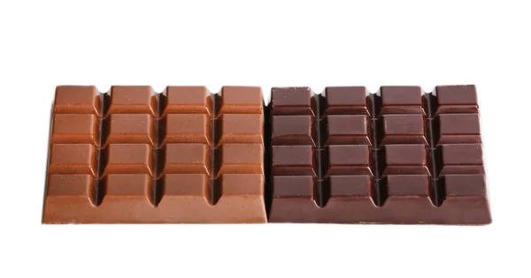 Milk and black chocolate bars isolated on white — Stock Photo, Image