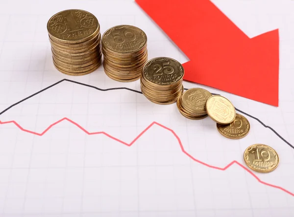 Coins and red arrow on graph document close up — Stock Photo, Image
