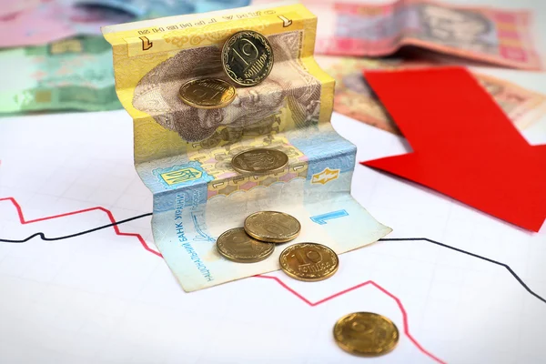 Money and red arrow on graph document close up — Stock Photo, Image