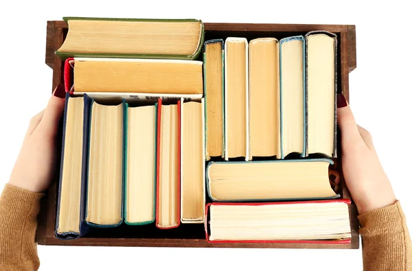 Buku-buku di kotak kayu di tangan perempuan, tampilan atas — Stok Foto