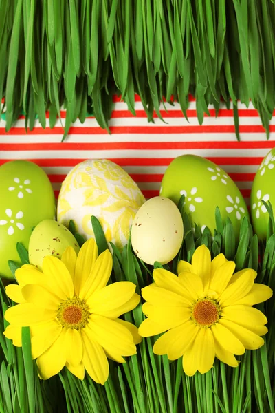 Huevos de Pascua y hierba sobre fondo de papel colorido —  Fotos de Stock