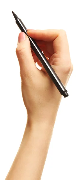 Mão feminina com marcador isolado em branco — Fotografia de Stock