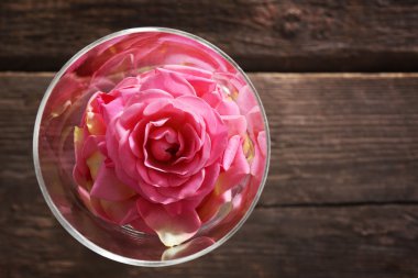 Güzel pembe gül cam vazoda Üstten Görünüm