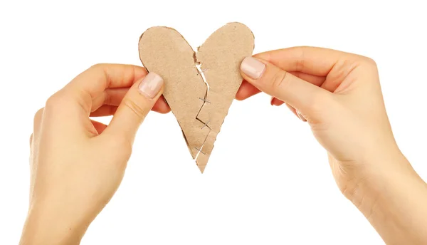 Female hands holding broken heart stitched with staples isolated on white — Stock Photo, Image