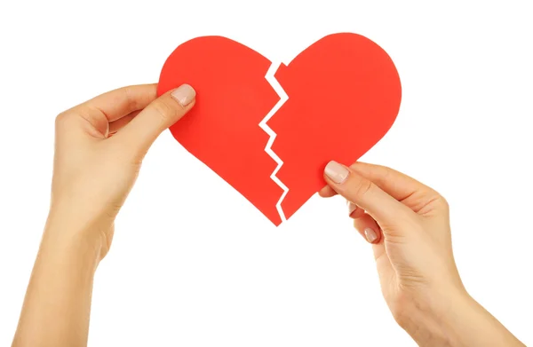 Female hands holding broken heart isolated on white — Stock Photo, Image