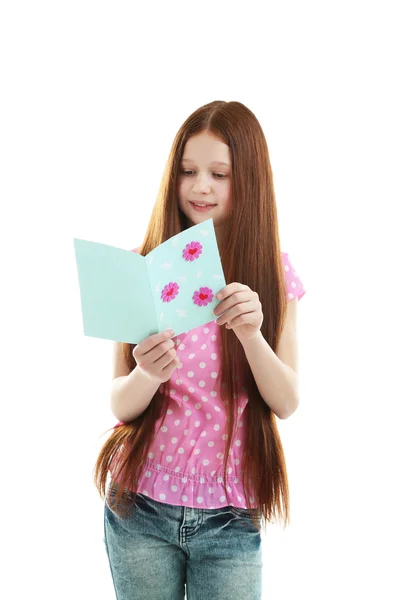 Hermosa niña con tarjeta de felicitación —  Fotos de Stock