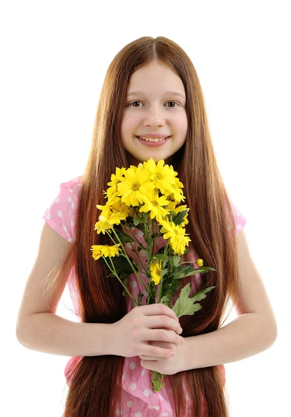 Schönes kleines Mädchen mit Blumen, isoliert auf weiß — Stockfoto