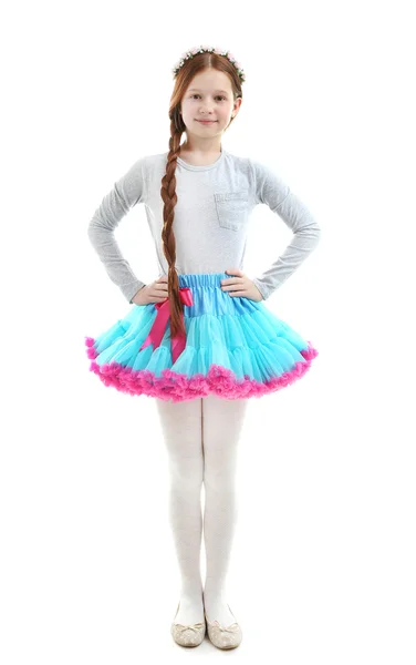 Beautiful little girl wearing cute pettiskirt, isolated on white — Stock Photo, Image